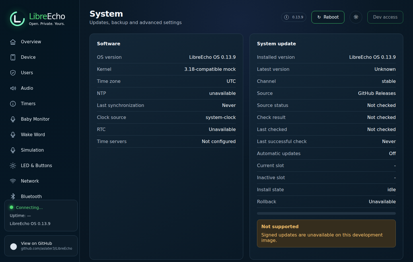Current LibreEcho Control Centre System and OTA page
